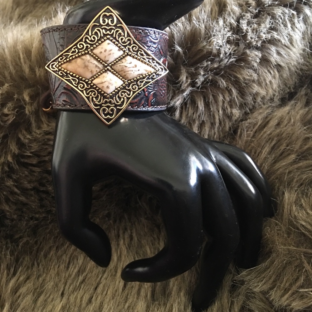 Barse hand tooled genuine leather jasper bracelet
